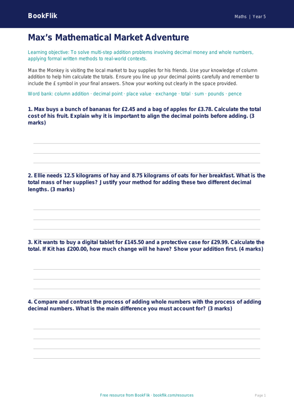 Free Addition Template | Year 5 Greater Depth | BookFlik worksheet preview — Maths Addition