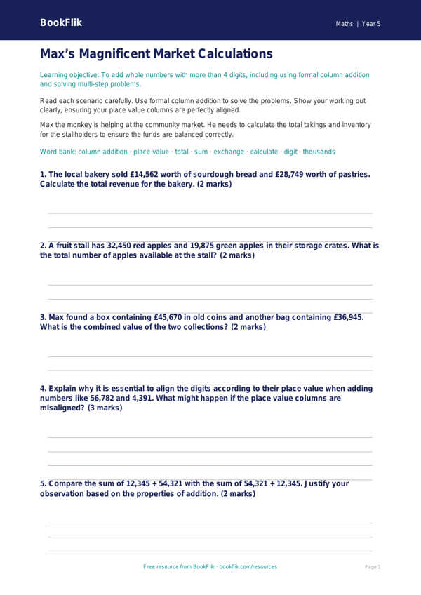 Free Addition Worksheet | Year 5 Greater Depth | BookFlik worksheet preview — Maths Addition