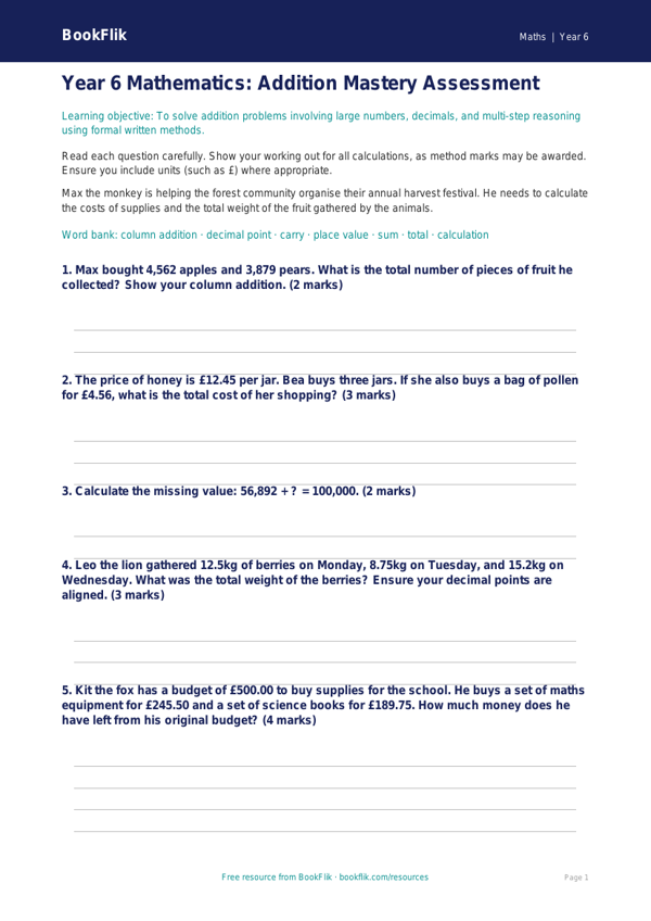 Free Addition Assessment | Year 6 Core | BookFlik worksheet preview — Maths Addition