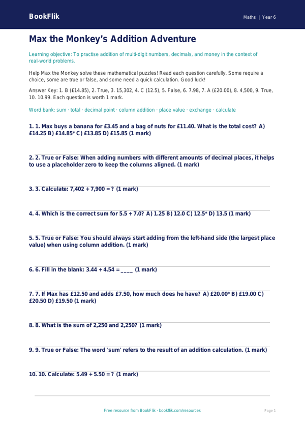 Free Addition Quiz | Year 6 Core | BookFlik worksheet preview — Maths Addition