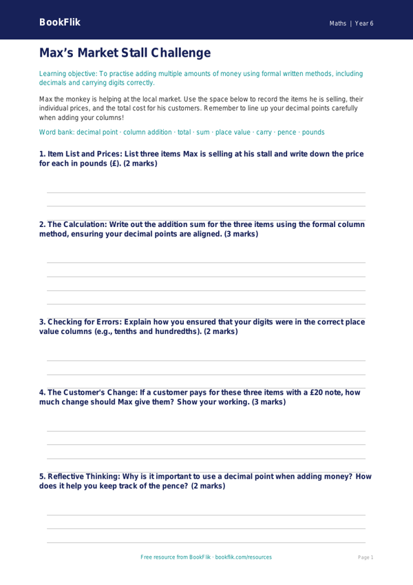 Free Addition Worksheet | Year 6 Math Practice | BookFlik worksheet preview — Maths Addition