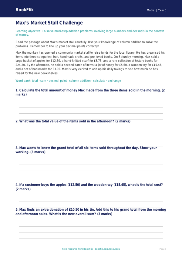 Free Addition Track Sheet | Year 6 Core | BookFlik worksheet preview — Maths Addition