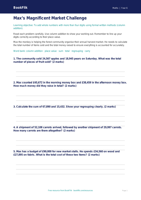Free Addition Worksheet | Year 6 Core | BookFlik worksheet preview — Maths Addition