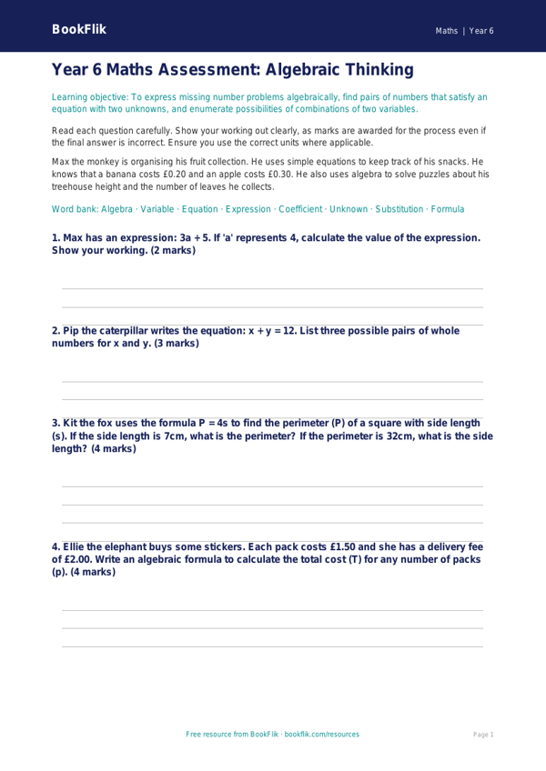 Free Algebra Assessment | Year 6 Core | BookFlik worksheet preview — Maths Algebra