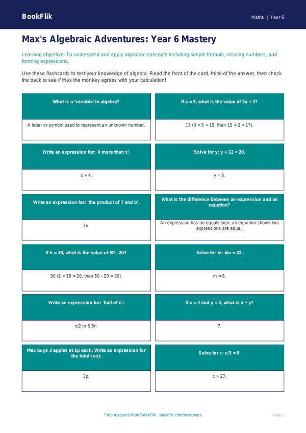 Free Algebra Flashcards | Year 6 Core | BookFlik worksheet preview — Maths Algebra