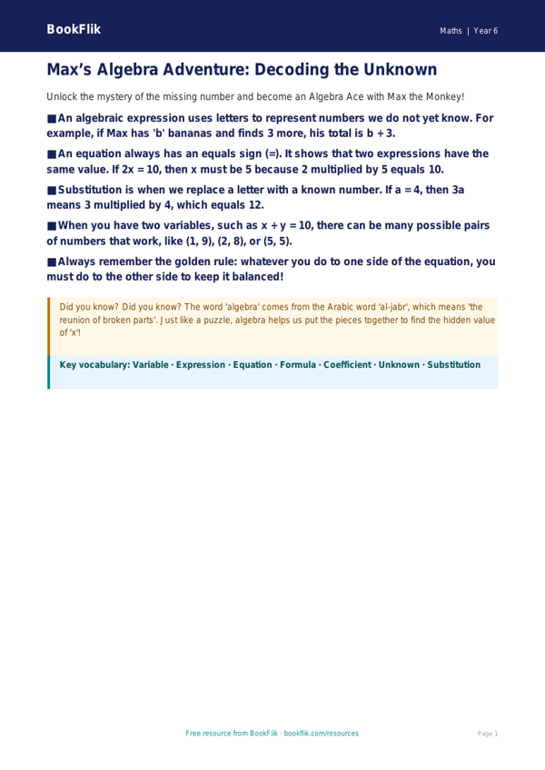Free Algebra Poster | Year 6 Core | BookFlik worksheet preview — Maths Algebra