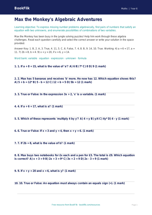 Free Algebra Quiz | Year 6 Core | BookFlik worksheet preview — Maths Algebra