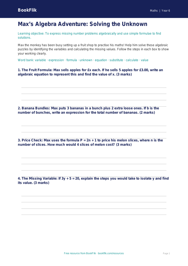 Free Algebra Template | Year 6 Core | BookFlik worksheet preview — Maths Algebra