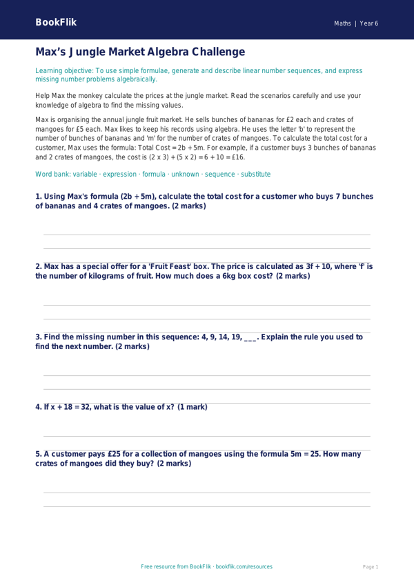 Free Algebra Track Sheet | Year 6 Core | BookFlik worksheet preview — Maths Algebra