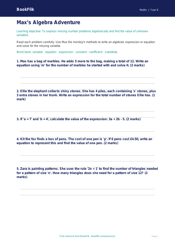 Free Algebra Worksheet | Year 6 Core | BookFlik worksheet preview — Maths Algebra