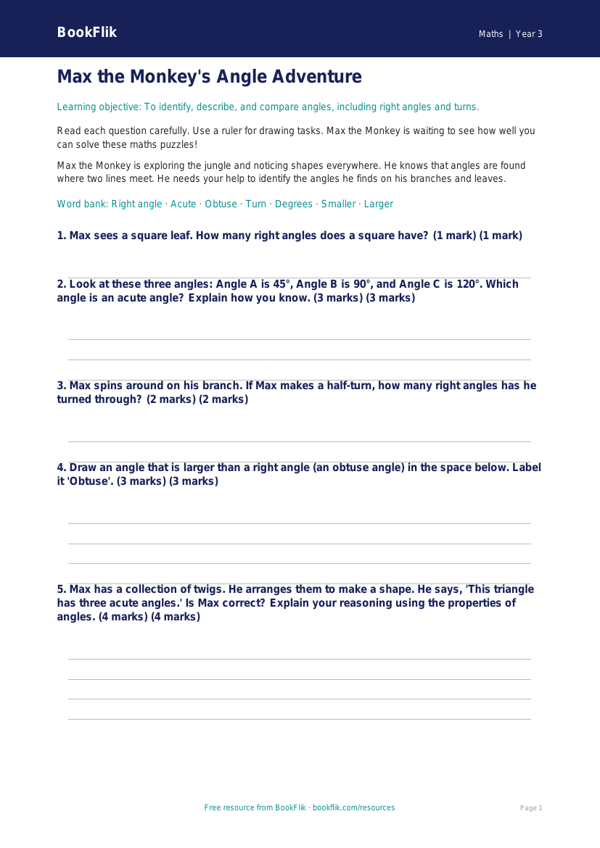 Free Angles Assessment | Year 3 Core | BookFlik worksheet preview — Maths Angles