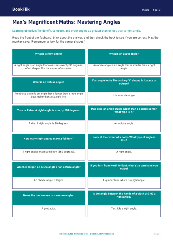Free Angles Flashcards | Year 3 Core | BookFlik worksheet preview — Maths Angles