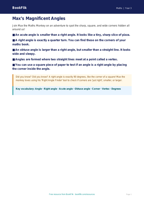 Free Angles Poster | Year 3 Core | BookFlik worksheet preview — Maths Angles