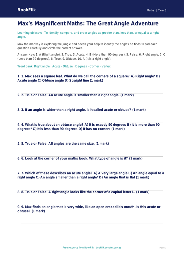 Free Angles Quiz | Year 3 Core | BookFlik worksheet preview — Maths Angles