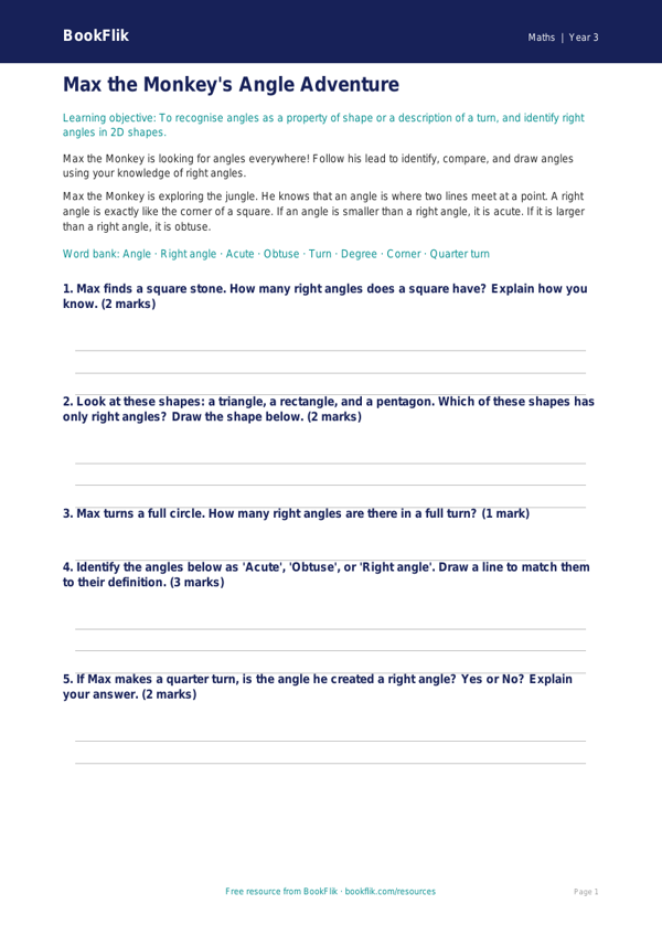 Free Angles Worksheet | Year 3 Core | BookFlik worksheet preview — Maths Angles