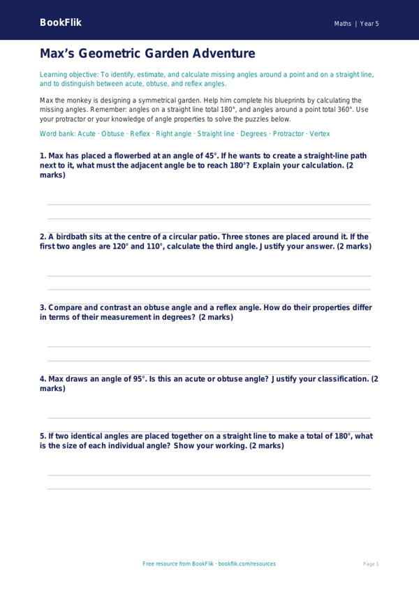 Free Angles Activity Sheet | Year 5 Greater Depth | BookFlik worksheet preview — Maths Angles