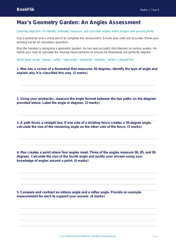 Free Angles Assessment | Year 5 Greater Depth | BookFlik worksheet preview — Maths Angles