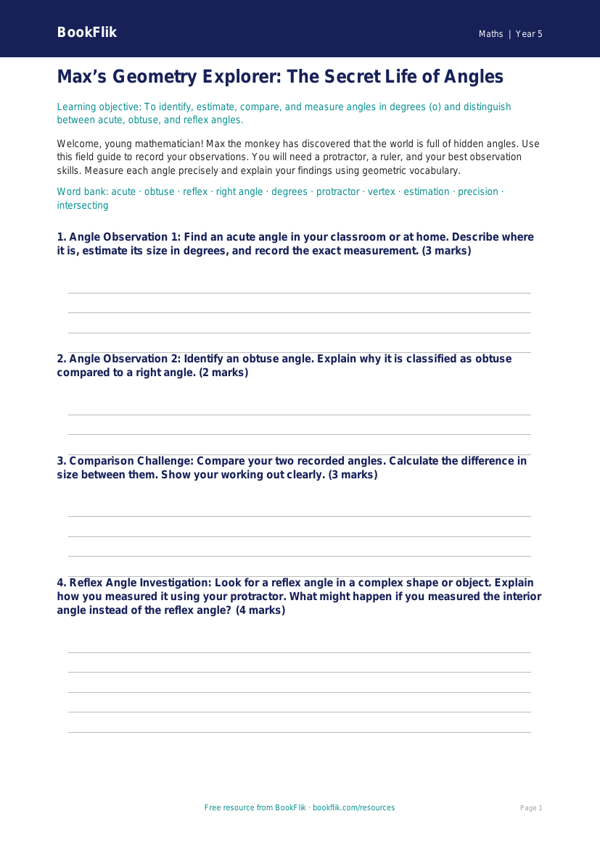 Free Angles Template | Year 5 Greater Depth | BookFlik worksheet preview — Maths Angles