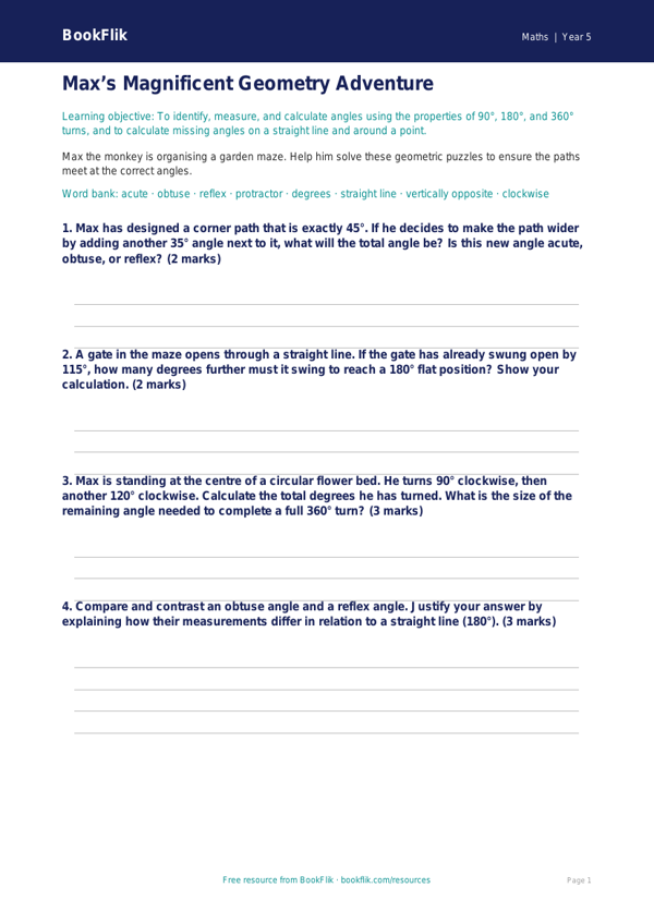 Free Angles Worksheet | Year 5 Greater Depth | BookFlik worksheet preview — Maths Angles