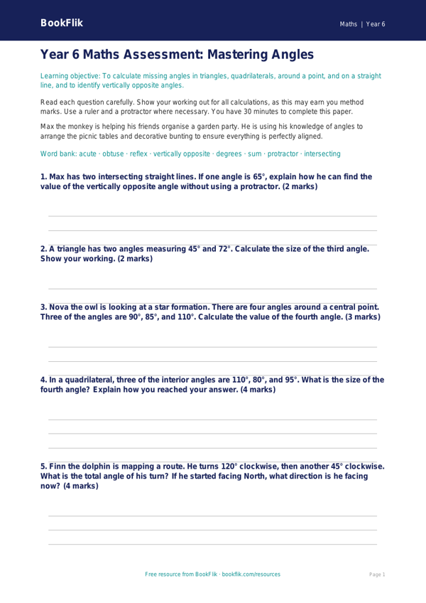 Free Angles Assessment | Year 6 Core | BookFlik worksheet preview — Maths Angles