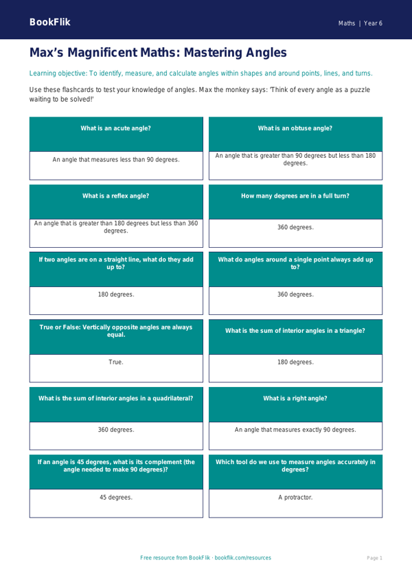 Free Angles Flashcards | Year 6 Core | BookFlik worksheet preview — Maths Angles