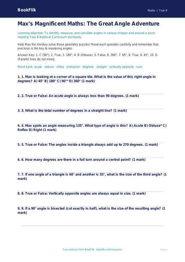 Free Angles Quiz | Year 6 Core | BookFlik worksheet preview — Maths Angles