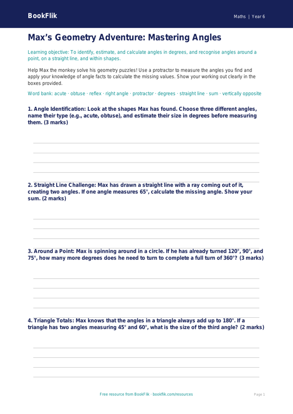 Free Angles Template | Year 6 Core | BookFlik worksheet preview — Maths Angles