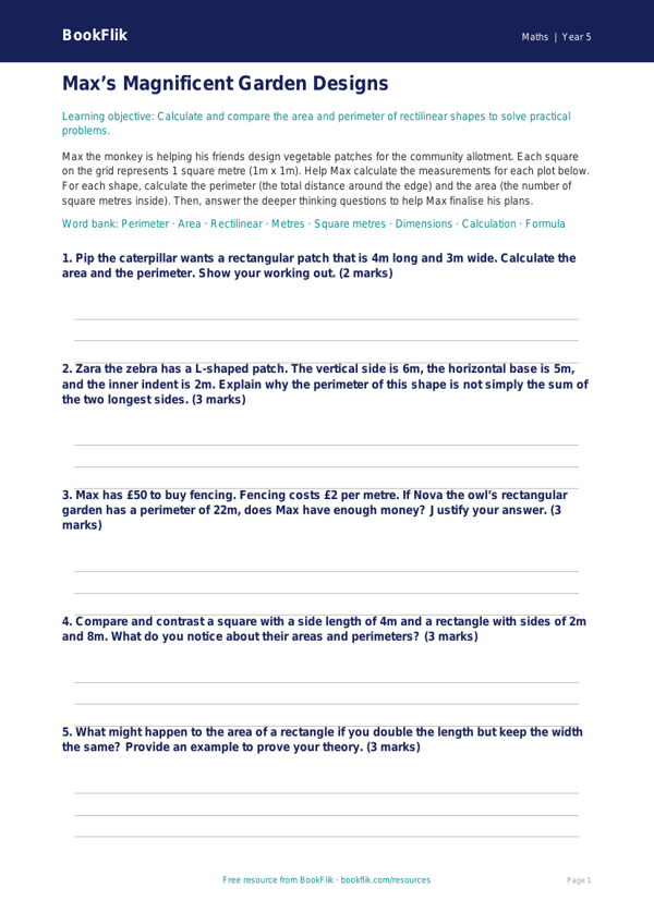 Free Area And Perimeter Activity Sheet | Year 5 Greater Depth | BookFlik worksheet preview — Maths Area And Perimeter