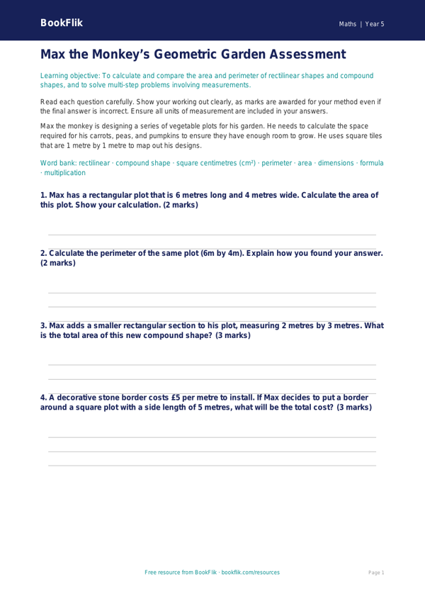 Free Area And Perimeter Assessment | Year 5 Greater Depth | BookFlik worksheet preview — Maths Area And Perimeter