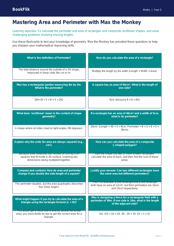 Free Area And Perimeter Flashcards | Year 5 Greater Depth | BookFlik worksheet preview — Maths Area And Perimeter