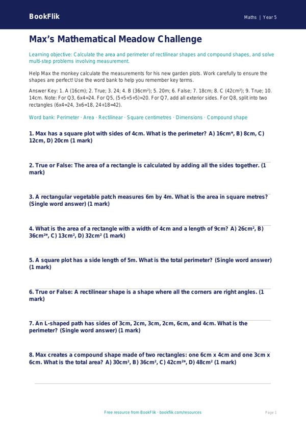 Free Area And Perimeter Quiz | Year 5 Greater Depth | BookFlik worksheet preview — Maths Area And Perimeter