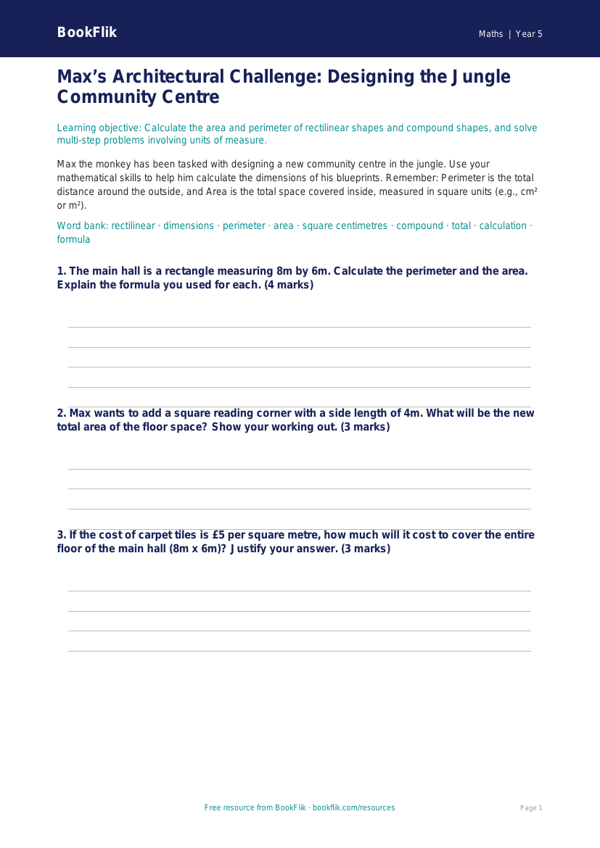 Free Area And Perimeter Template | Year 5 Greater Depth | BookFlik worksheet preview — Maths Area And Perimeter