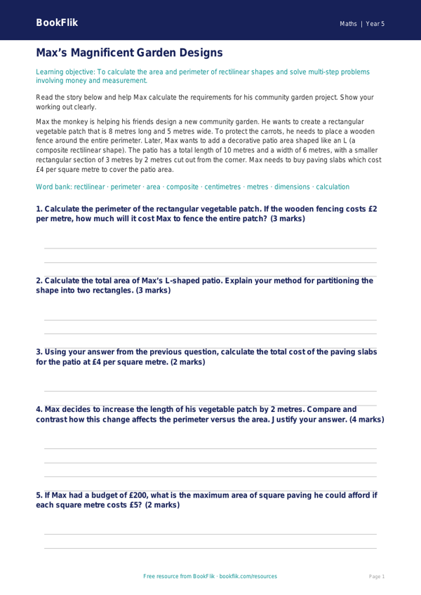 Free Area And Perimeter Track Sheet | Year 5 Greater Depth | BookFlik worksheet preview — Maths Area And Perimeter