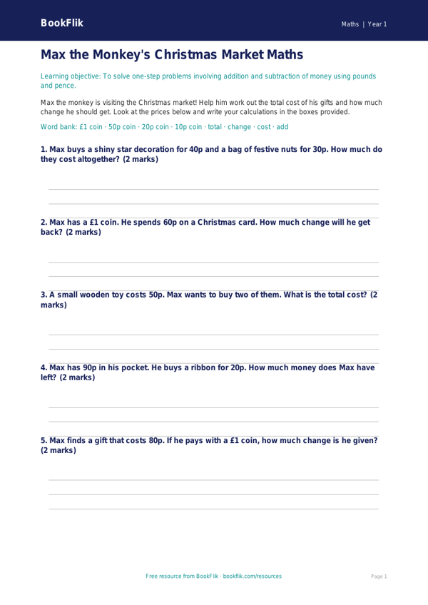 Free Christmas Maths Activity Sheet | Year 1 Core | BookFlik worksheet preview — Maths Christmas Maths