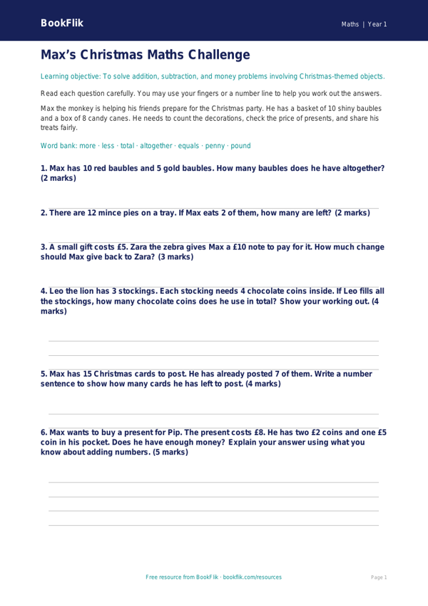 Free Christmas Maths Assessment | Year 1 Core | BookFlik worksheet preview — Maths Christmas Maths