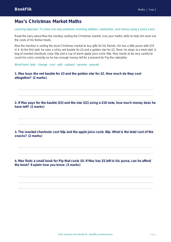Free Christmas Maths Track Sheet | Year 1 Core | BookFlik worksheet preview — Maths Christmas Maths