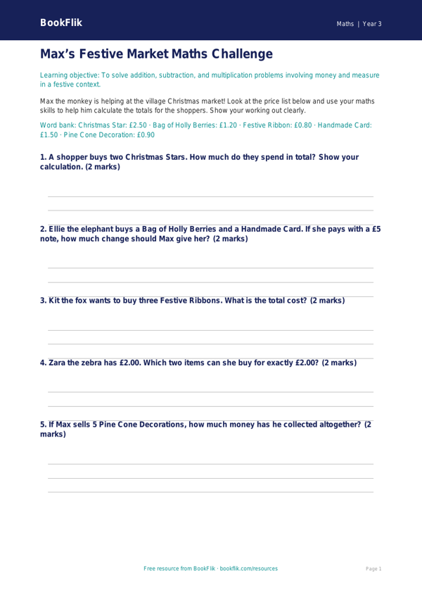 Free Christmas Maths Activity Sheet | Year 3 Core | BookFlik worksheet preview — Maths Christmas Maths