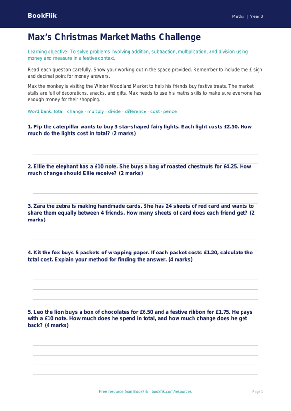 Free Christmas Maths Assessment | Year 3 Core | BookFlik worksheet preview — Maths Christmas Maths