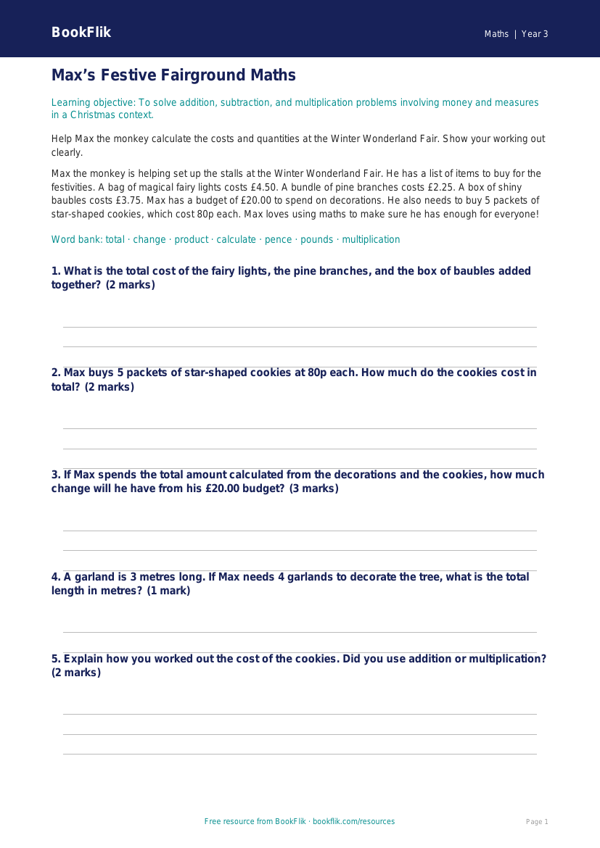 Free Christmas Maths Track Sheet | Year 3 Core | BookFlik worksheet preview — Maths Christmas Maths