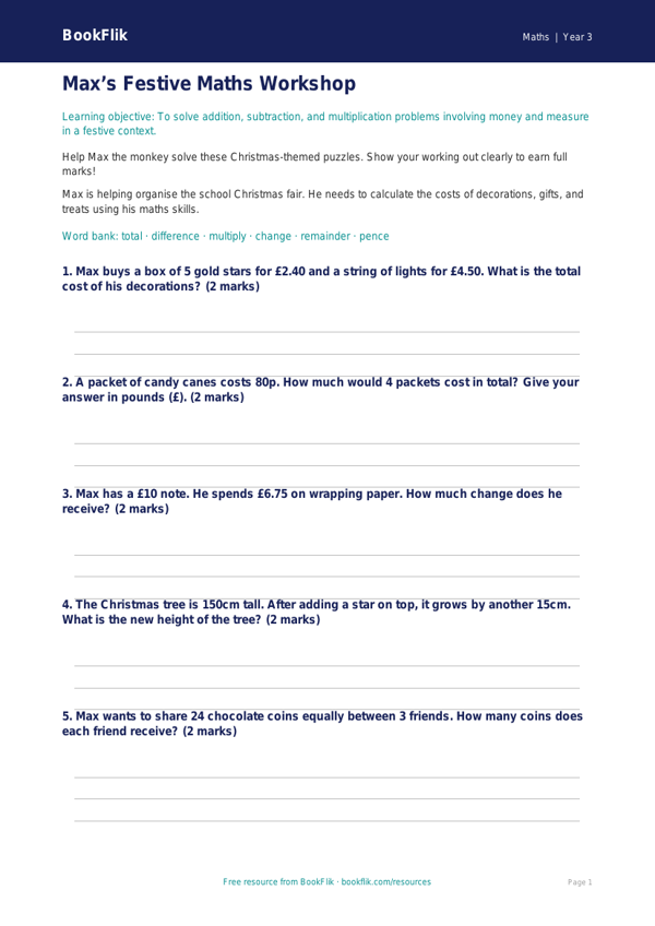 Free Christmas Maths Worksheet | Year 3 Core | BookFlik worksheet preview — Maths Christmas Maths