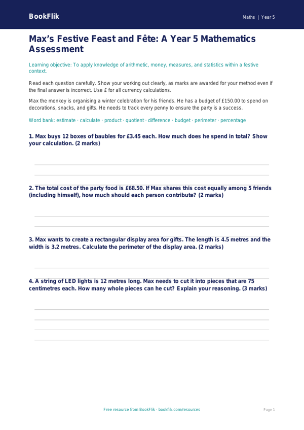 Free Christmas Maths Assessment | Year 5 Greater Depth | BookFlik worksheet preview — Maths Christmas Maths
