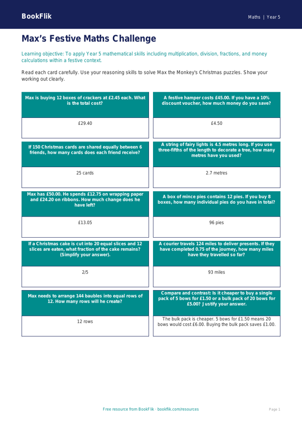 Free Christmas Maths Flashcards | Year 5 Greater Depth | BookFlik worksheet preview — Maths Christmas Maths