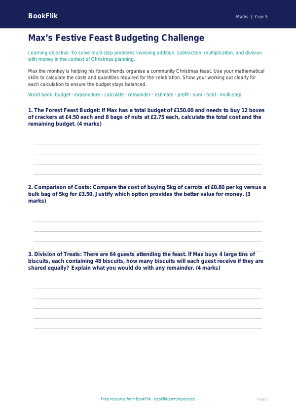 Free Christmas Maths Template | Year 5 Greater Depth | BookFlik worksheet preview — Maths Christmas Maths
