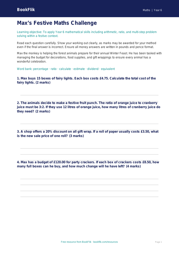 Free Christmas Maths Assessment | Year 6 Core | BookFlik worksheet preview — Maths Christmas Maths