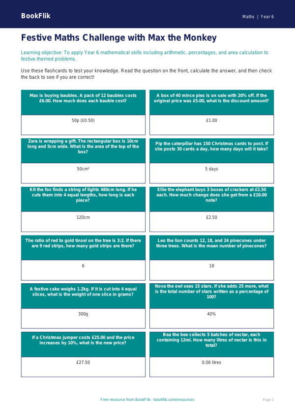 Free Christmas Maths Flashcards | Year 6 Core | BookFlik worksheet preview — Maths Christmas Maths