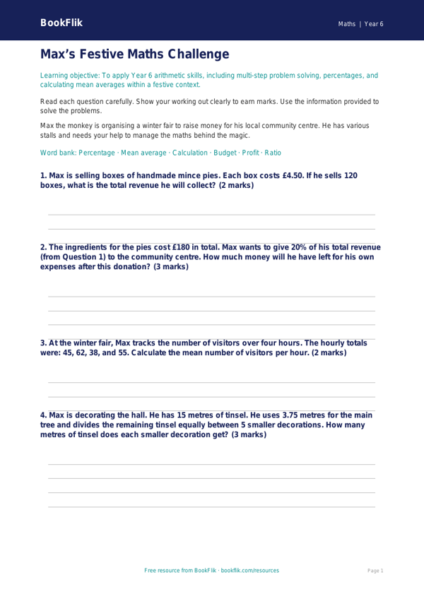 Free Christmas Maths Worksheet | Year 6 Core | BookFlik worksheet preview — Maths Christmas Maths