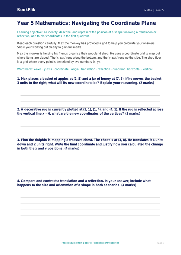 Free Coordinates Assessment | Year 5 Greater Depth | BookFlik worksheet preview — Maths Coordinates