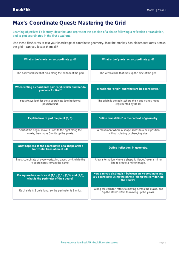 Free Coordinates Flashcards | Year 5 Greater Depth | BookFlik worksheet preview — Maths Coordinates