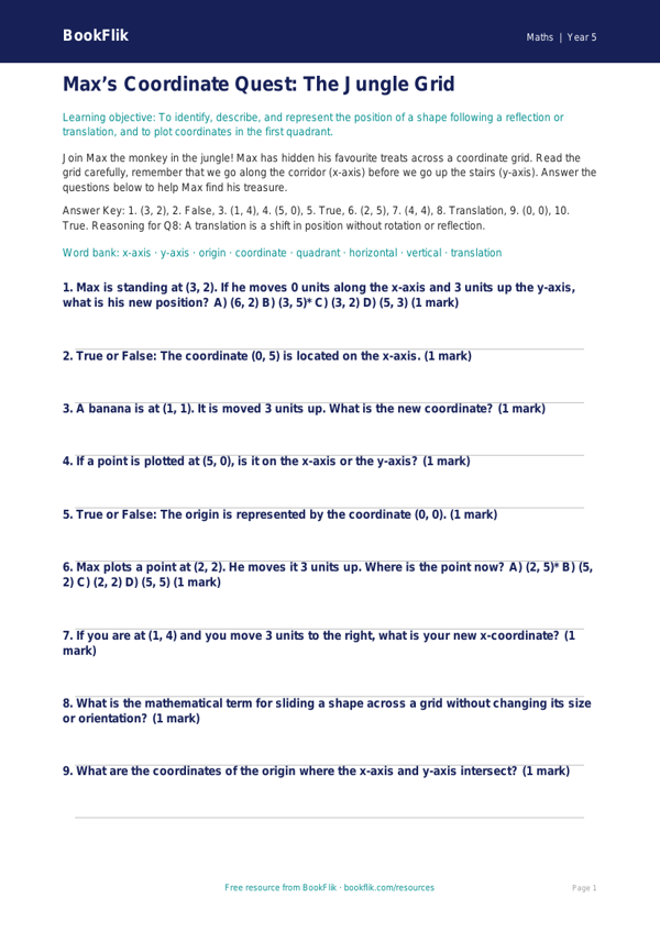 Free Coordinates Quiz | Year 5 Greater Depth | BookFlik worksheet preview — Maths Coordinates