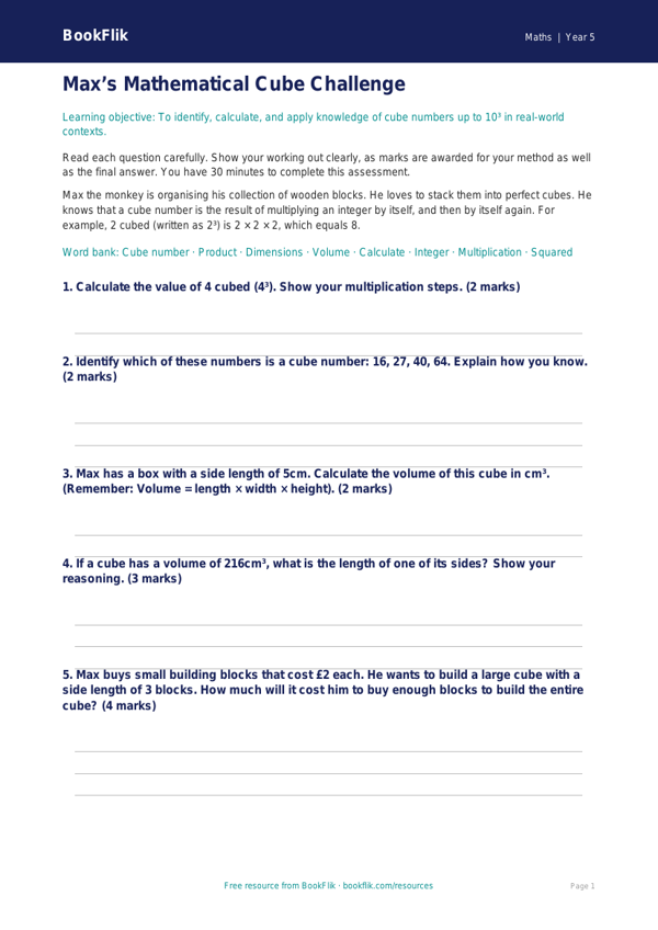 Free Cube Numbers Assessment | Year 5 Greater Depth | BookFlik worksheet preview — Maths Cube Numbers